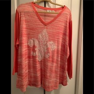 Cute variegated coral/cream blouse with lace motif